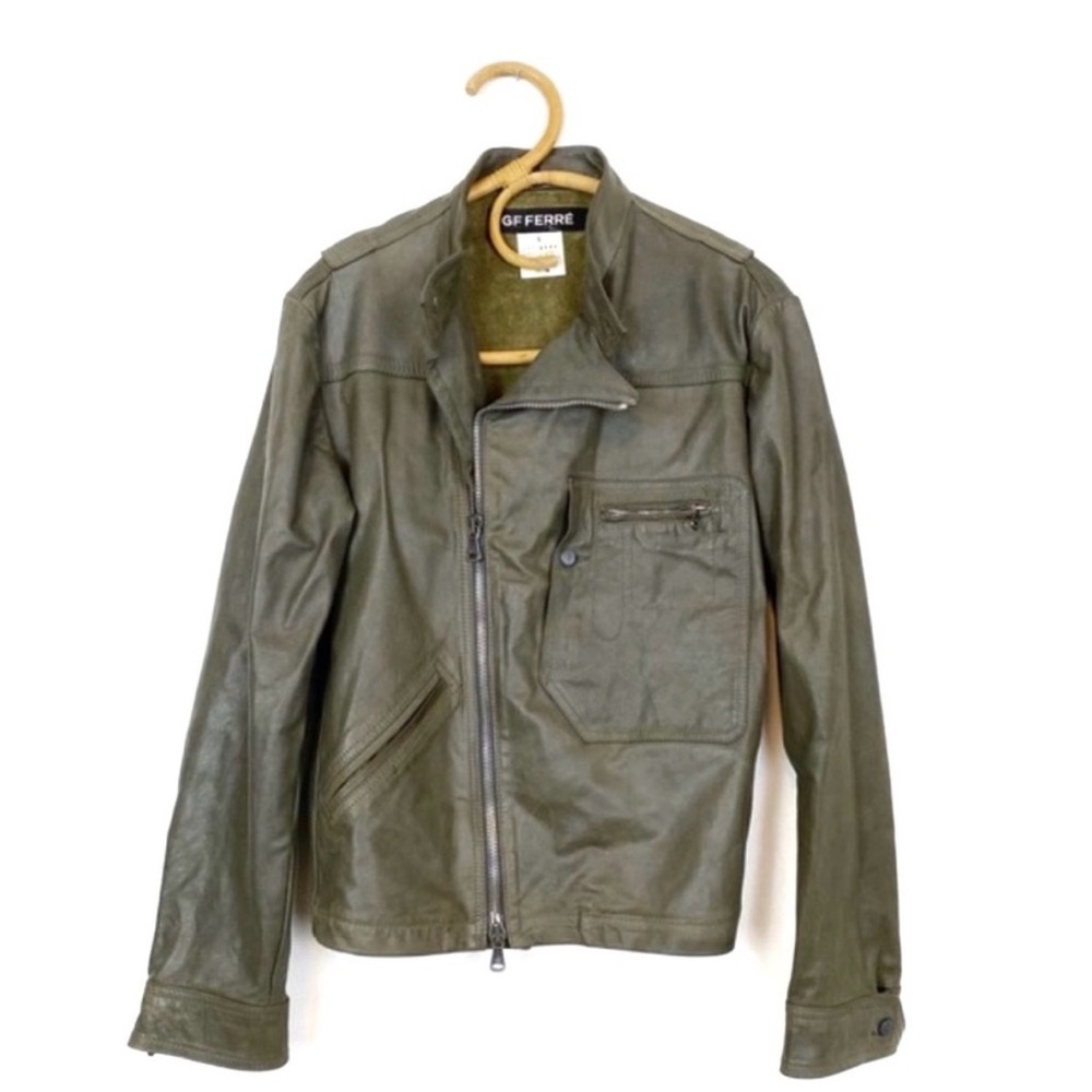 Gianfranco Ferre | Green Leather Moto Biker Jacket Size L